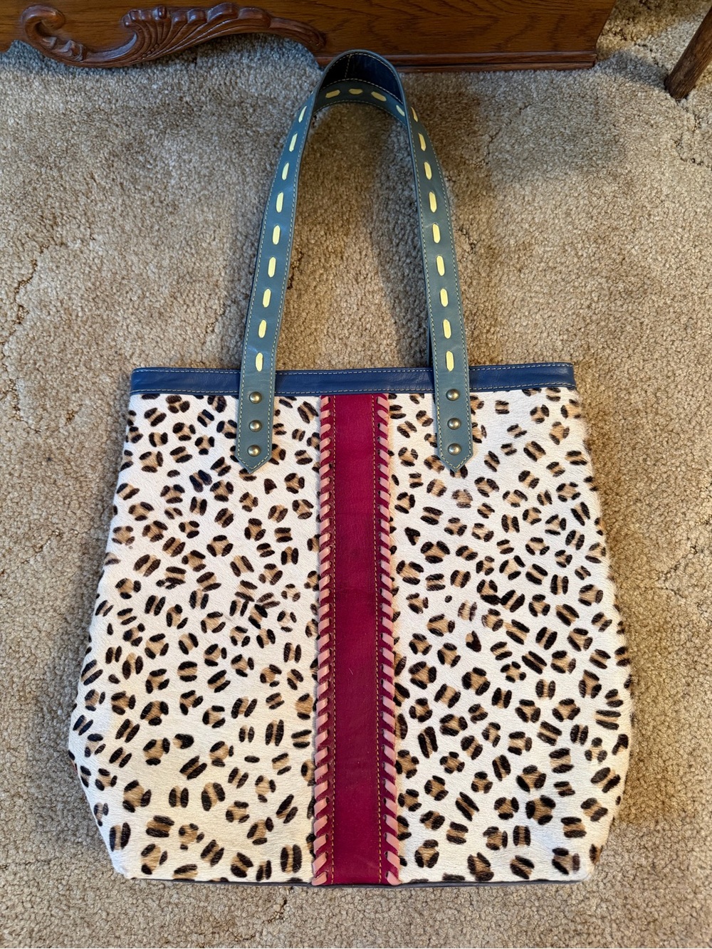 Leopard Print Tote Bag with Pink Accent and Blue Handles